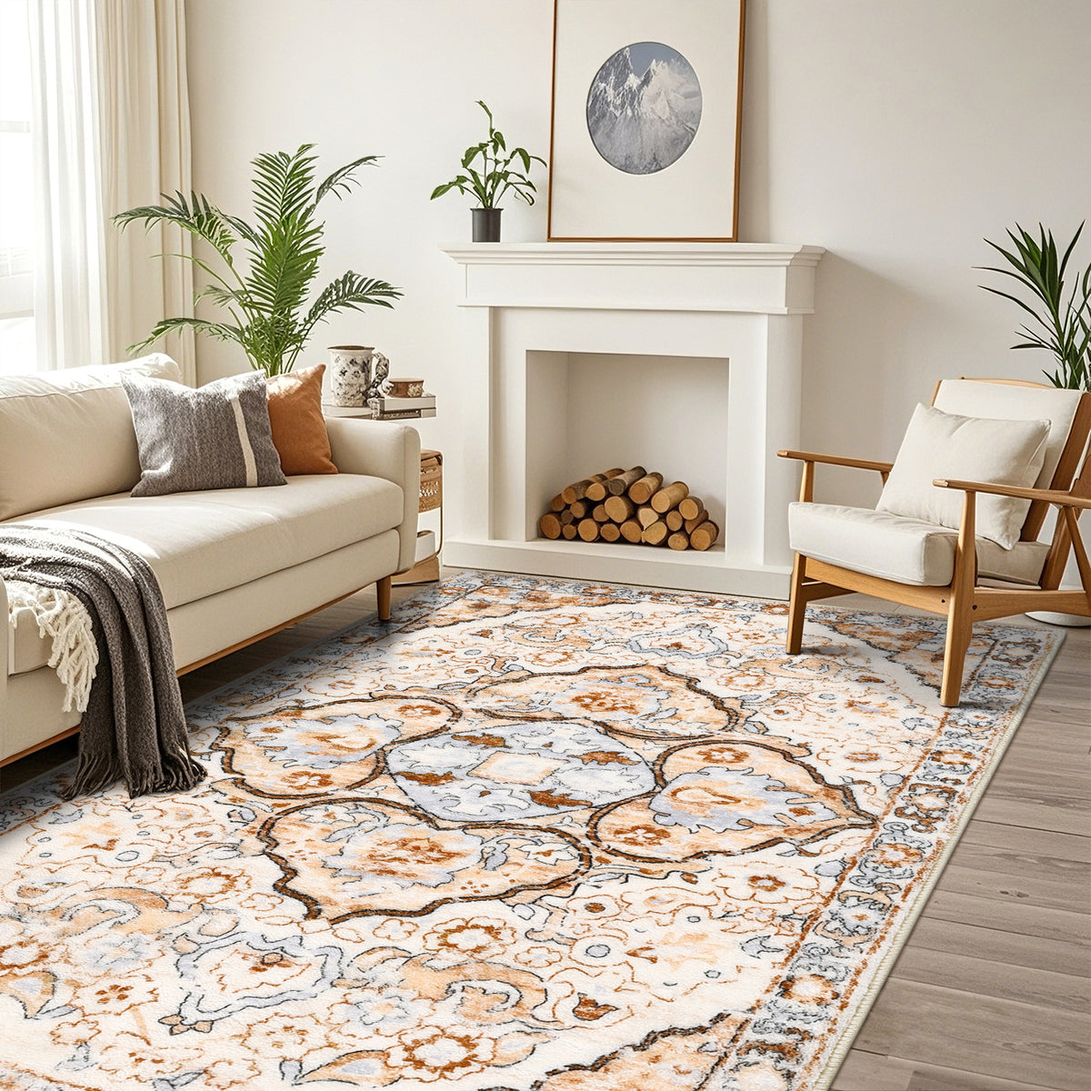 MeyJey Boho Indoor Hallway Runner Rug, Oriental Non Slip Machine Washable Area Rug Distressed Vintage Floor Carpet for Bedroom Kitchen Dinning/Living/Laundry Room, Cream/Orange
