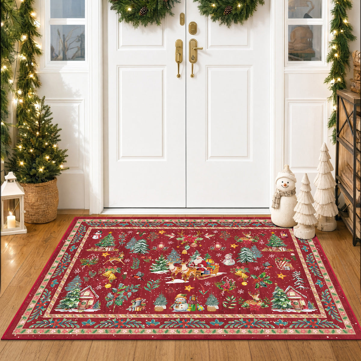 MeyJey 32"x48" Christmas Door Mat, Christmas Snowman Reindeer pattern Doormat, Non Slip Red Front Door Mats for Entryway Indoor Outdoor, Washable Low Profile Floor Carpet for Xmas Holiday Decor