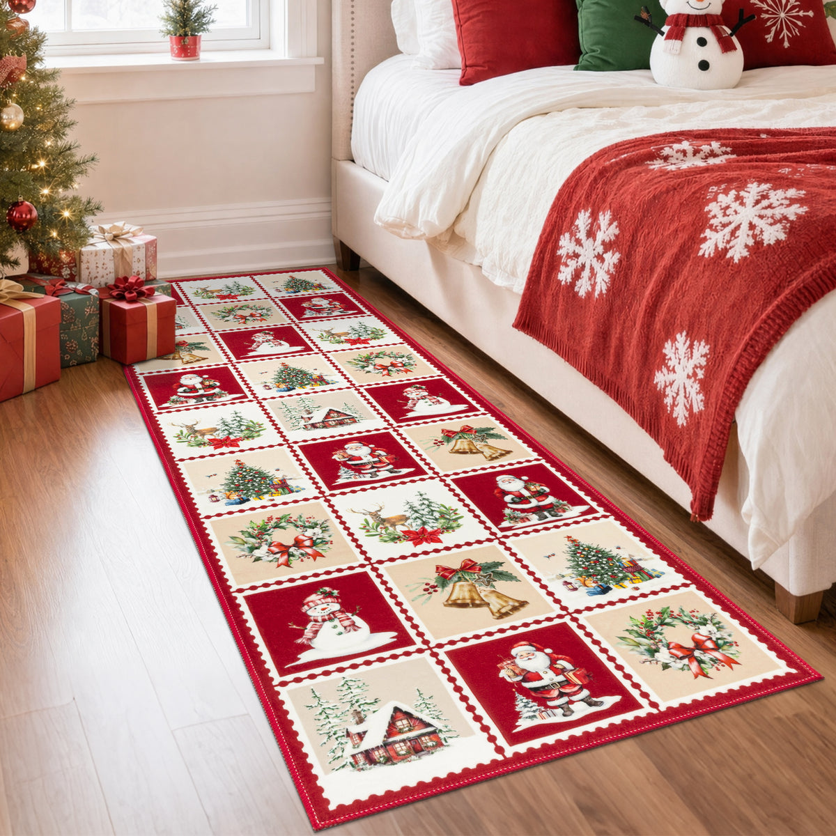 MeyJey 2'x6' Christmas Runner Rug for Hallway , Non Slip Machine Washable Rugs Holiday Decoration Floor Carpet for Bedroom Kitchen Living Room, Red/Green/White