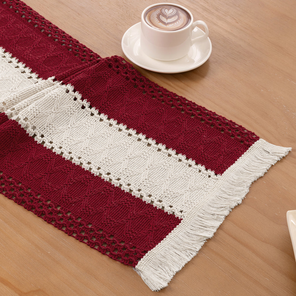 MeyJey 5Pcs Table Runner and Placemats Set, Washable Fabric Rectangle Dining Table Mats with Tassels for Dining Tables, Kitchen, Red