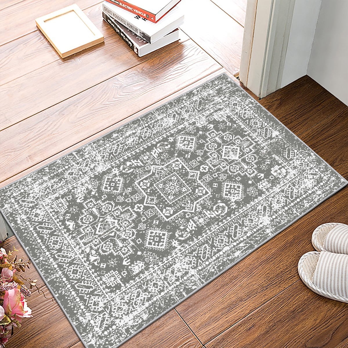 MeyJey Oriental Indoor Area Rug 2'x3' Non-Slip Machine Washable Vintage Distressed Floor Carpet for Living Room Bedroom Dining Kitchen Hallway, Gray