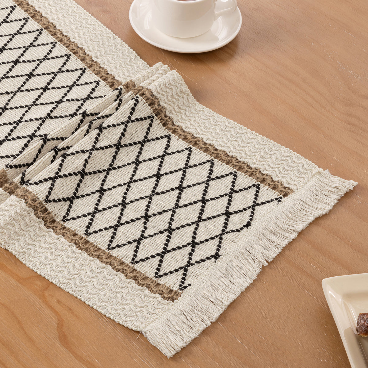 MeyJey 5 Pcs Table Runner and Placemats Set, Washable Fabric Rectangle Dining Table Mats with Tassels for Dining Tables, Kitchen, Black/Beige/Brown