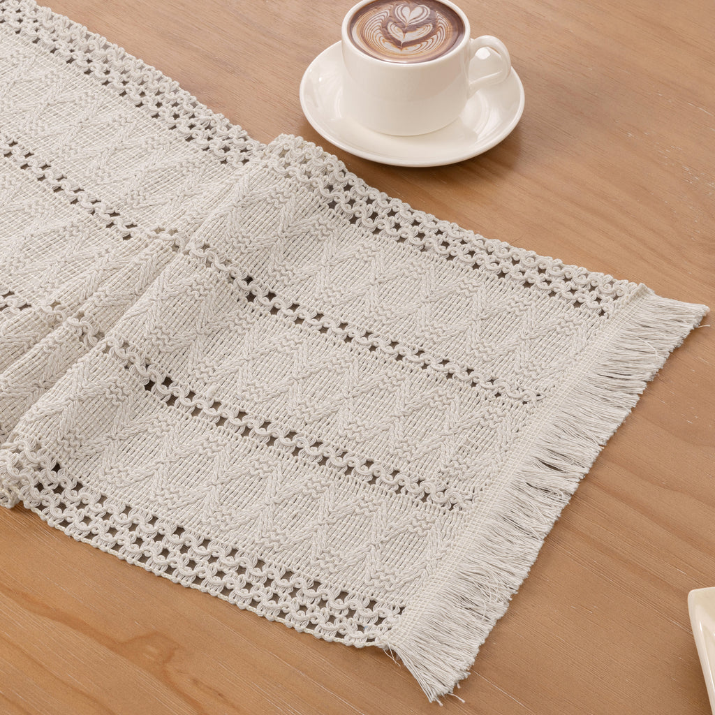 MeyJey 5 Pcs Table Runner and Placemats Set, Washable Fabric Rectangle Dining Table Mats with Tassels for Dining Tables, Kitchen, Beige