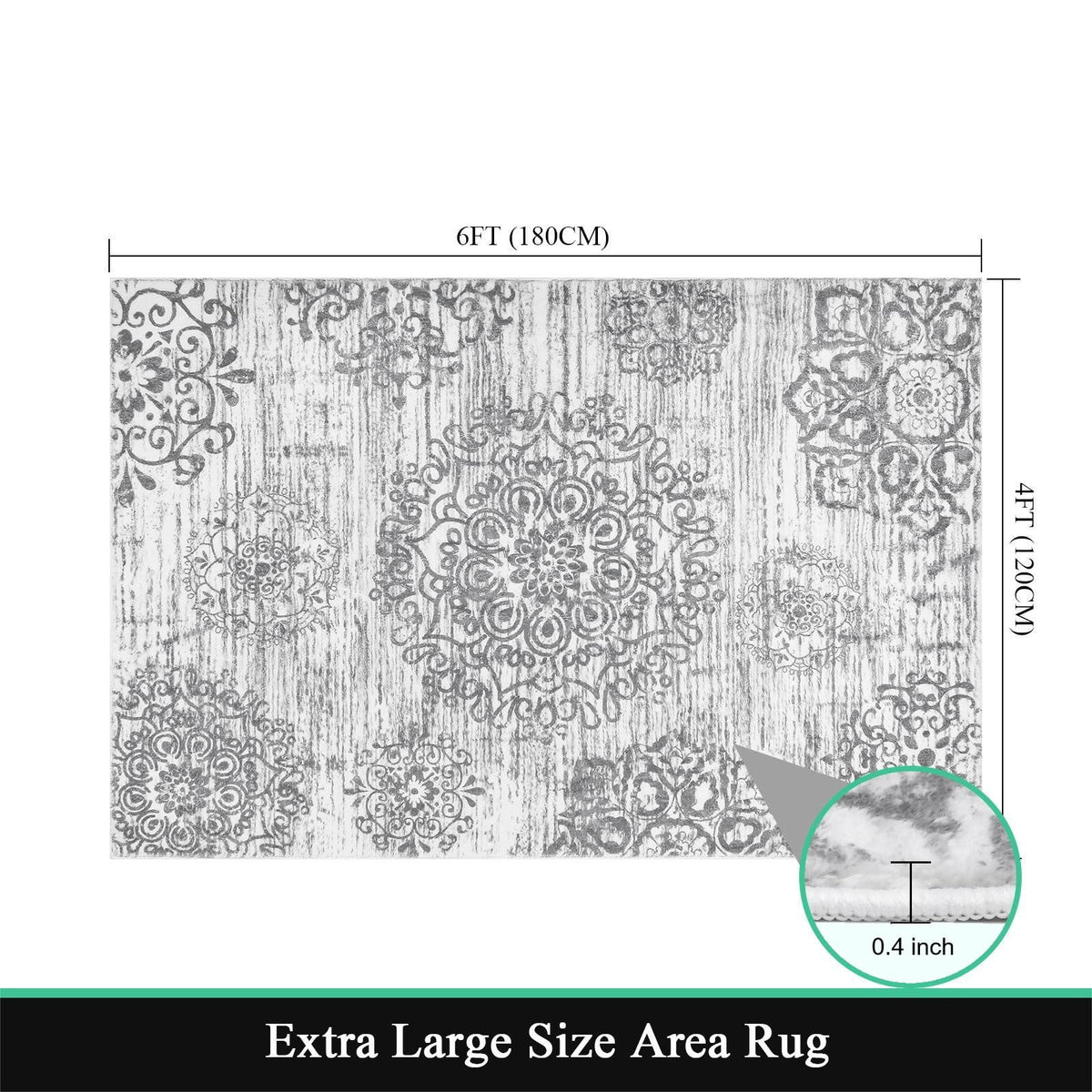 MeyJey Boho Indoor Area Rug Non-Slip Machine Washable Vintage Distressed Floor Carpet for Living Room Bedroom Dining Kitchen Hallway, Light Gray