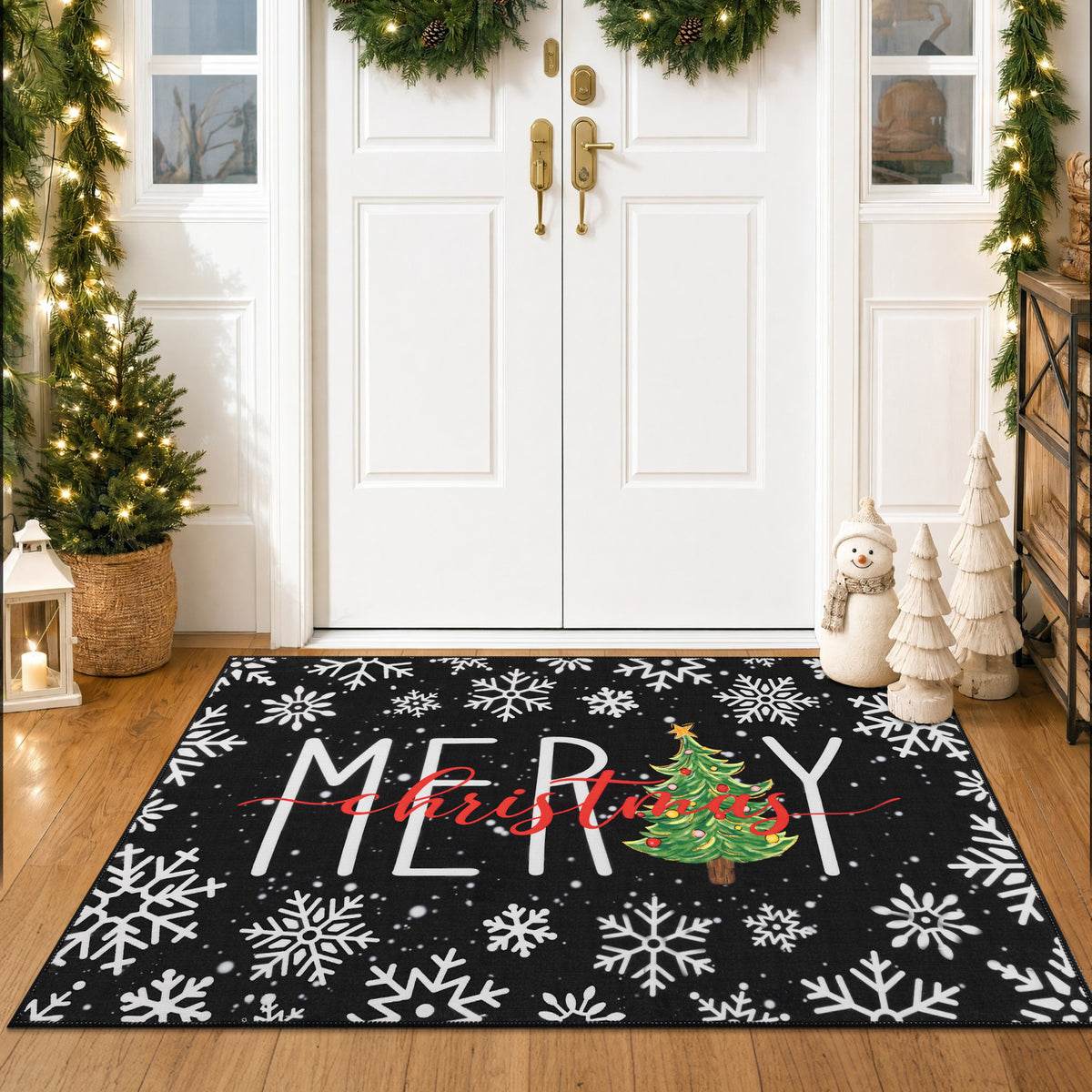 MeyJey 32"x48" Christmas Door Mat, Christmas snowflake pattern Doormat, Non Slip Red Front Door Mats for Entryway Indoor Outdoor, Washable Low Profile Floor Carpet for Xmas Holiday Decor