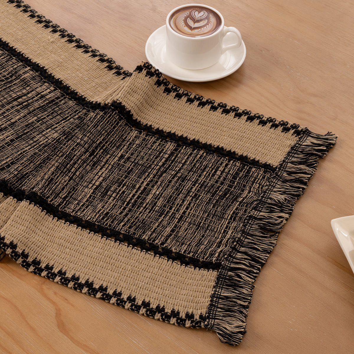 MeyJey 5Pcs Table Runner and Placemats Set, Washable Fabric Rectangle Dining Table Mats with Tassels for Dining Tables, Kitchen, Black/Beige