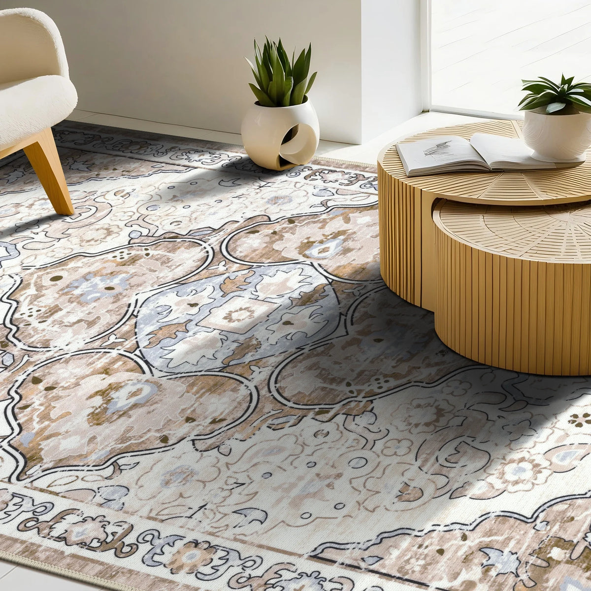 MeyJey Boho Indoor Living Room Area Rug, Non-Slip Machine Washable Vintage Oriental Distressed Floor Carpet for Bedroom Dining Kitchen Hallway Nursery, Beige/Brown