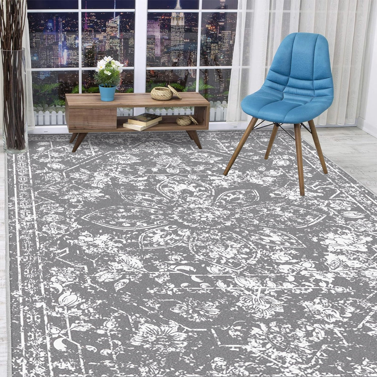 MeyJey Floral Indoor Area Rug 8'x10' Non-Slip Machine Washable Vintage Distressed Floor Carpet for Living Room Bedroom Dining Kitchen Hallway, Gray