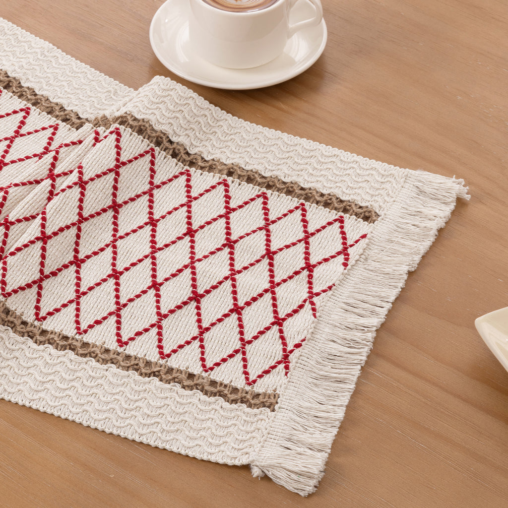 MeyJey 5 Pcs Table Runner and Placemats Set, Washable Fabric Rectangle Dining Table Mats with Tassels for Dining Tables, Kitchen, Red/Beige