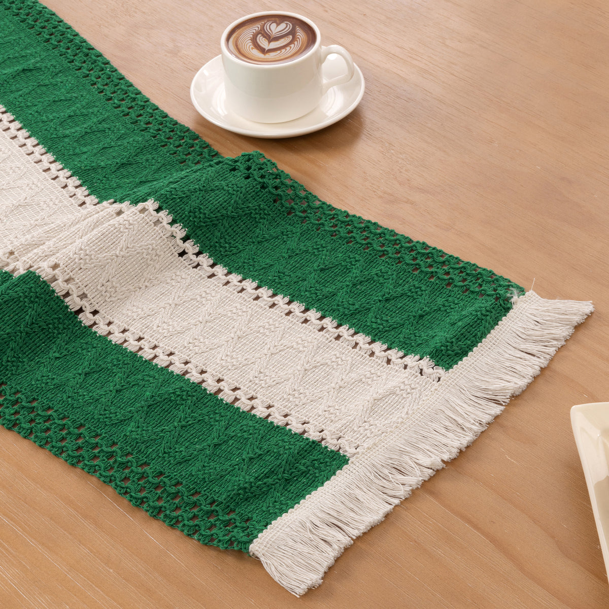 MeyJey 5 Pcs Table Runner and Placemats Set, Washable Fabric Rectangle Dining Table Mats with Tassels for Dining Tables, Kitchen, Green/Beige