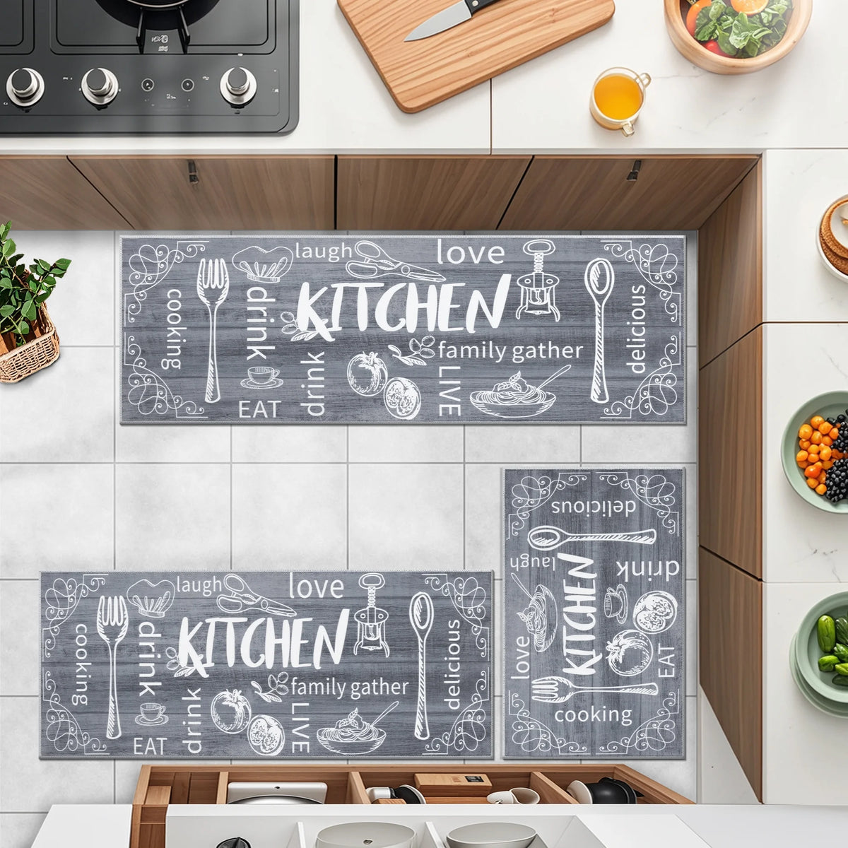 MeyJey Farmhouse Kitchen Rug Set of 3 - Non Slip, Machine Washable Low ...