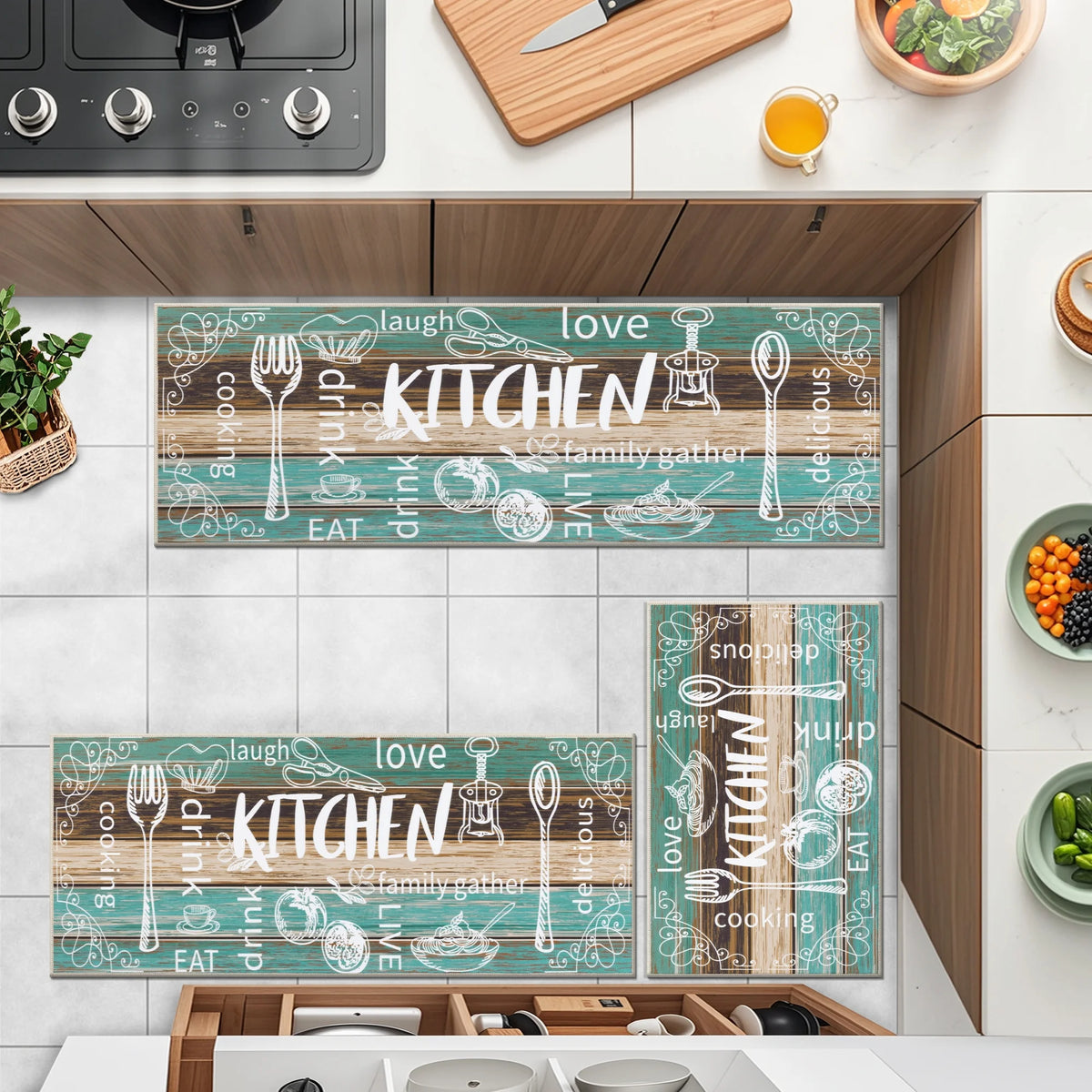 MeyJey Farmhouse Kitchen Rug Set of 3 - Non Slip, Machine Washable Low ...