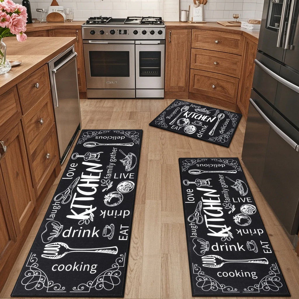 MeyJey Farmhouse Kitchen Rug Set of 3 - Non Slip, Machine Washable Low Pile Floor Mats, Water Repellent Rugs for Kitchen, Dining & Laundry Room