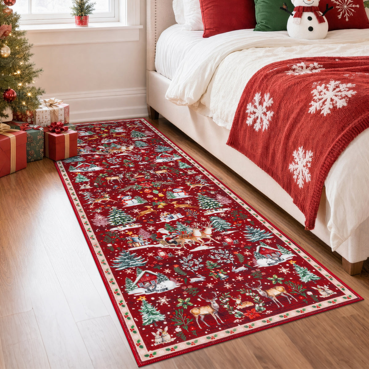 MeyJey 2'x6' Christmas Runner Rug for Hallway , Non Slip Machine Washable Rugs Holiday Decoration Floor Carpet for Bedroom Kitchen Living Room, Red/Green/White