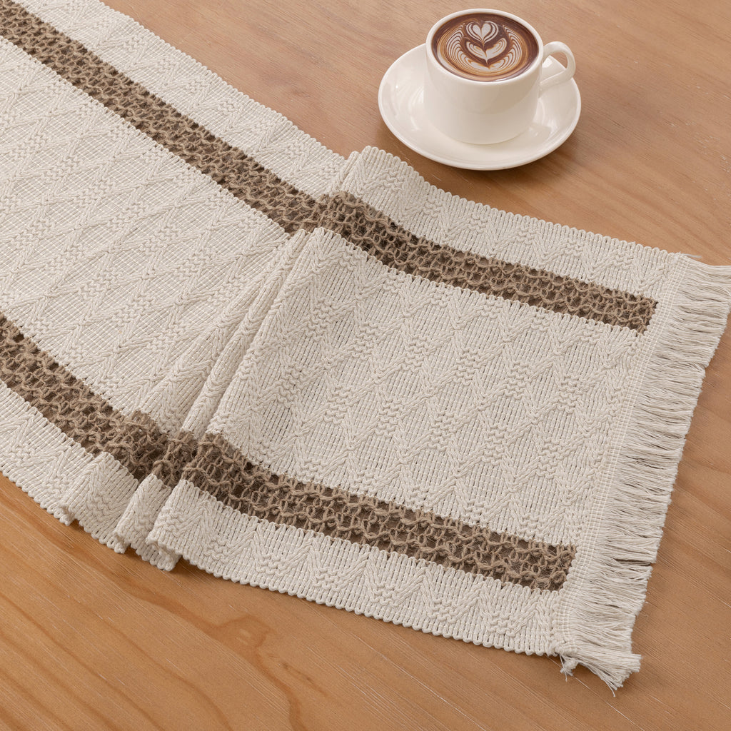MeyJey 5 Pcs Table Runner and Placemats Set, Washable Fabric Rectangle Dining Table Mats with Tassels for Dining Tables, Kitchen, khaki