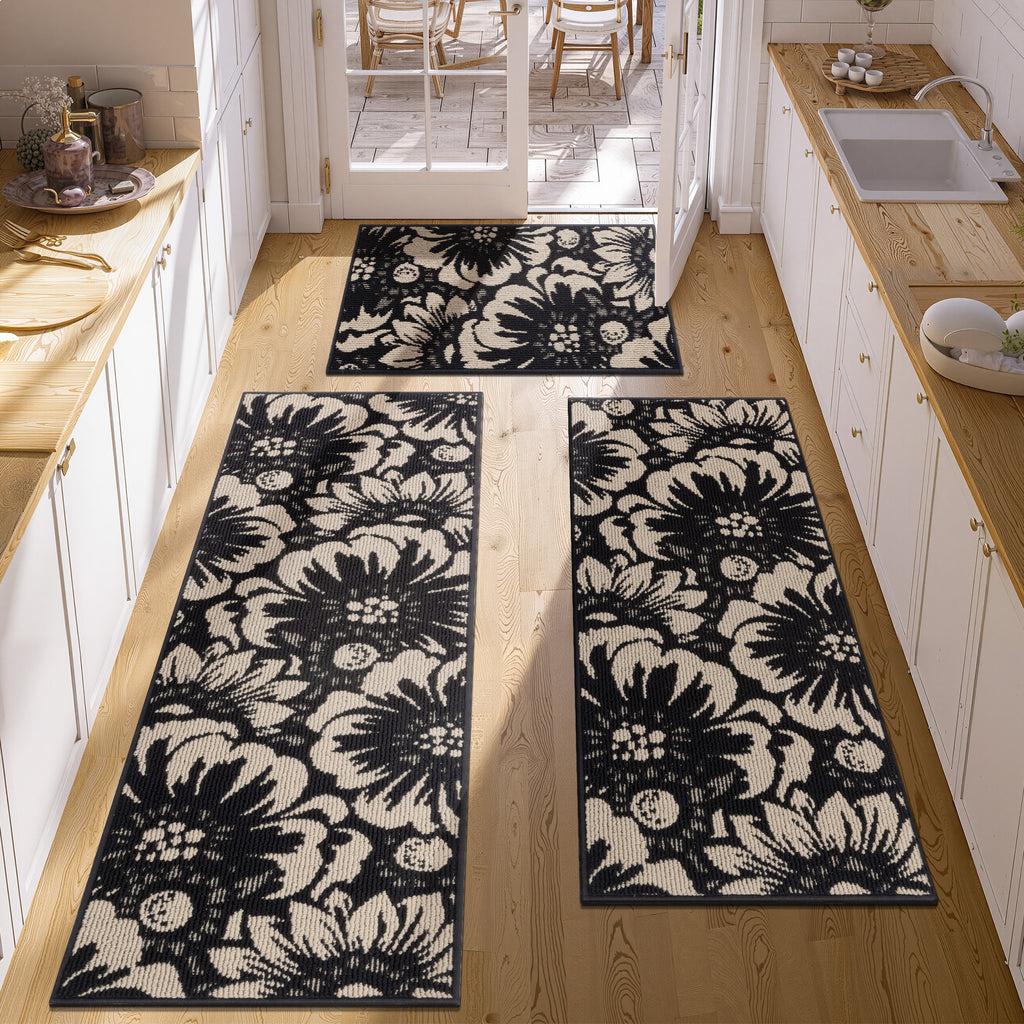 MeyJey Vintage Kitchen Rug Set, 3 Piece Runner Rug Non Slip Washable Farmhouse Hallway Rug for Kitchen/Laundry Room