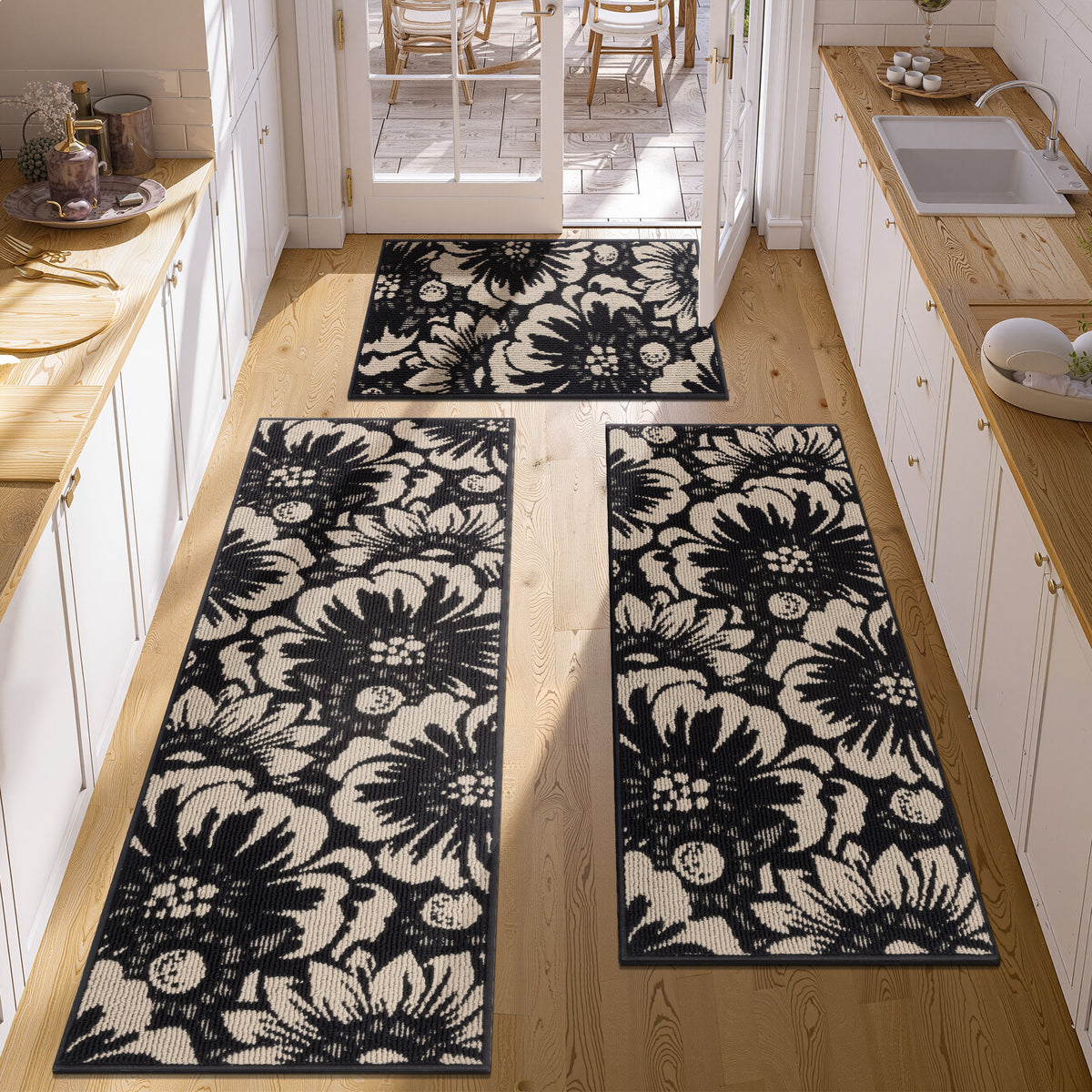 MeyJey Vintage Kitchen Rug Set, 3 Piece Runner Rug Non Slip Washable Farmhouse Hallway Rug for Kitchen/Laundry Room