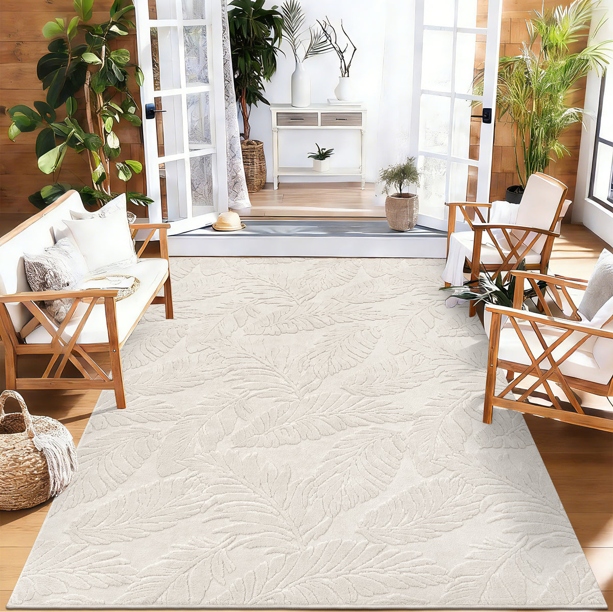 MeyJey Shag Area Rug for Living Machine Washable Rugs for Bedroom Dinning Room Office Decor Non-Slip Soft Carpet, leaf shadow Pattern,Pale Camel
