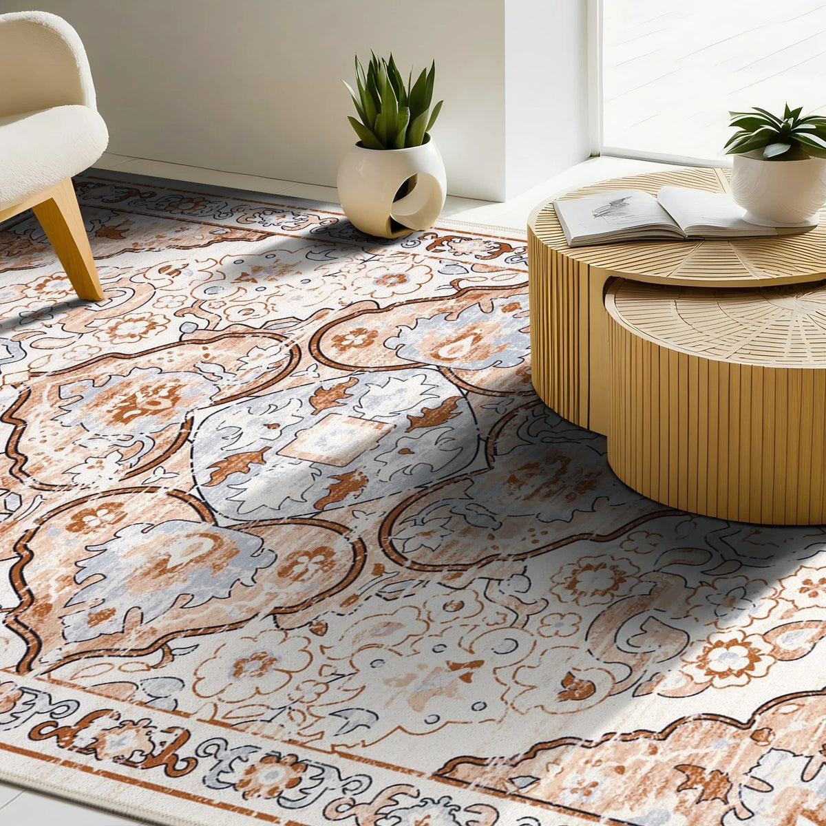 MeyJey Boho Indoor Hallway Runner Rug, Oriental Non Slip Machine Washable Area Rug Distressed Vintage Floor Carpet for Bedroom Kitchen Dinning/Living/Laundry Room, Cream/Orange