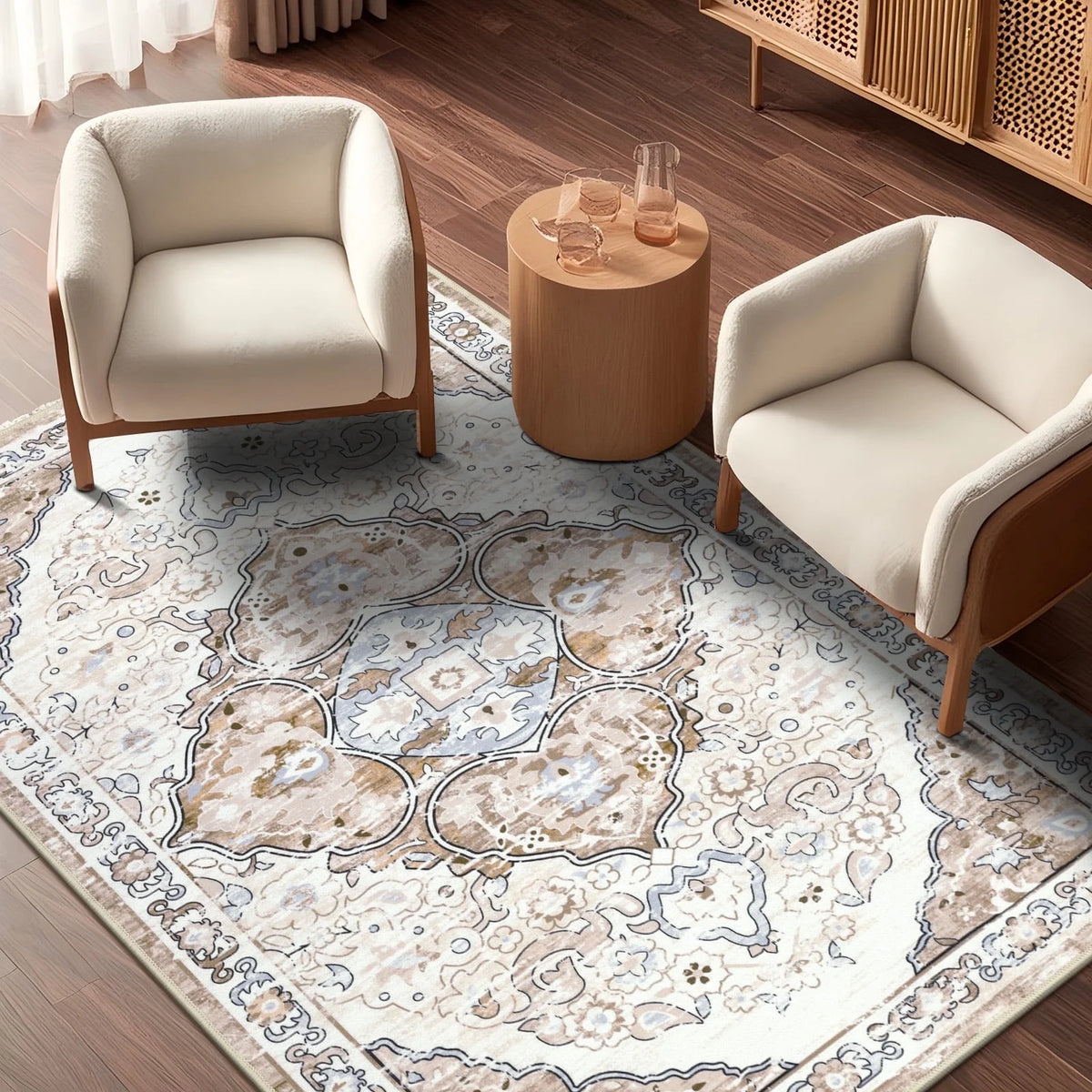 MeyJey Boho Indoor Living Room Area Rug, Non-Slip Machine Washable Vintage Oriental Distressed Floor Carpet for Bedroom Dining Kitchen Hallway Nursery, Beige/Brown