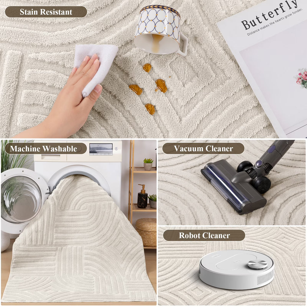 MeyJey Runner Rug for Hallways, Non Slip Modern Jacquard Textured Rugs Soft Geometric Rug for Entryway Bathroom Laundry Dorm, Beige