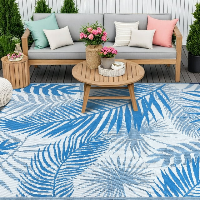 MeyJey Outdoor Rug, 6'x9' Reversible Waterproof Area Rug, Plastic Mat for RV Patio Camping, Blue