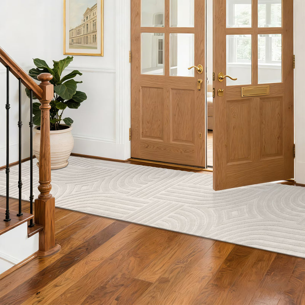 MeyJey Runner Rug for Hallways, Non Slip Modern Jacquard Textured Rugs Soft Geometric Rug for Entryway Bathroom Laundry Dorm, Beige
