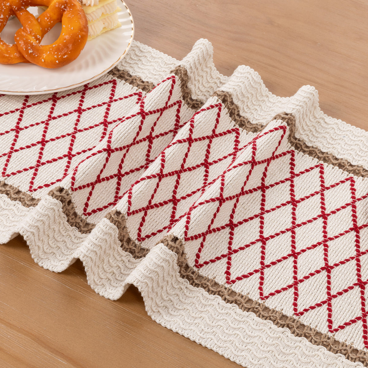 MeyJey 5 Pcs Table Runner and Placemats Set, Washable Fabric Rectangle Dining Table Mats with Tassels for Dining Tables, Kitchen, Red/Beige