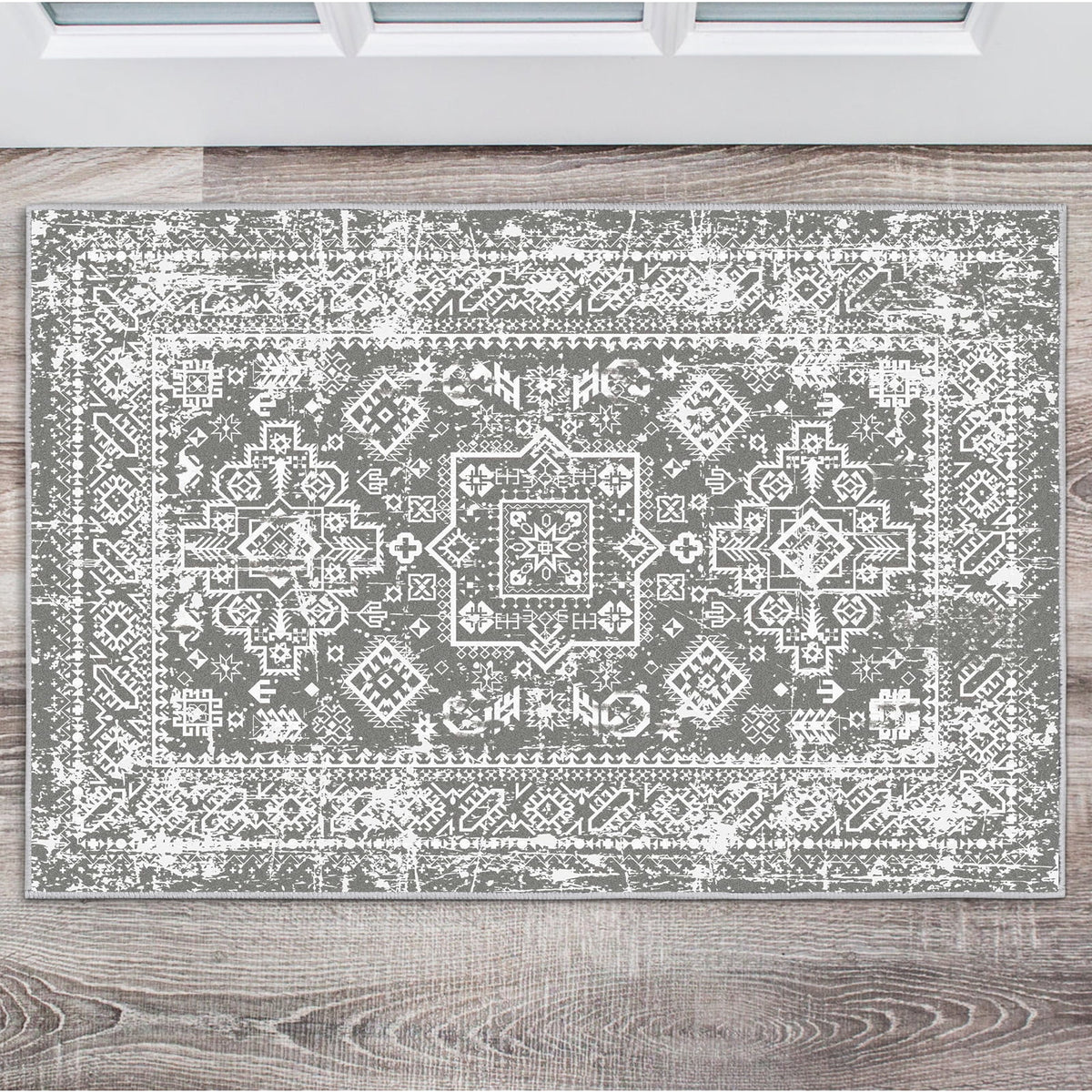 MeyJey Oriental Indoor Area Rug 2'x3' Non-Slip Machine Washable Vintage Distressed Floor Carpet for Living Room Bedroom Dining Kitchen Hallway, Gray
