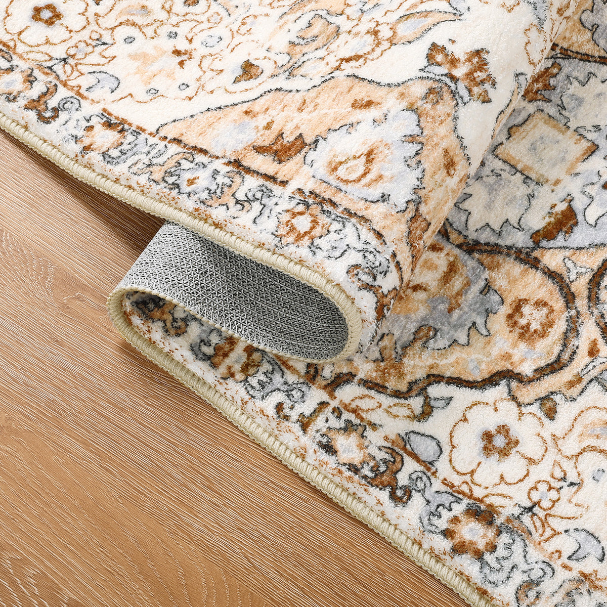 MeyJey Boho Indoor Hallway Runner Rug, Oriental Non Slip Machine Washable Area Rug Distressed Vintage Floor Carpet for Bedroom Kitchen Dinning/Living/Laundry Room, Cream/Orange