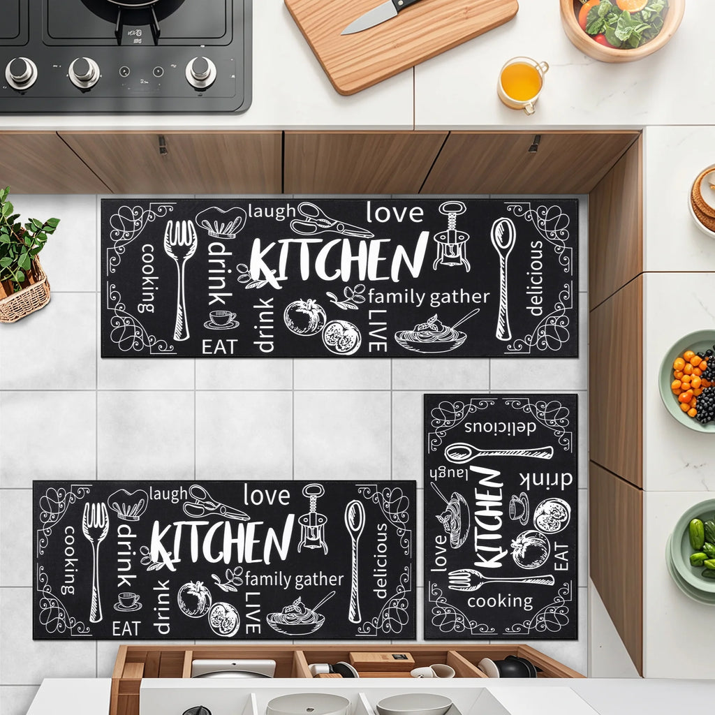 MeyJey Farmhouse Kitchen Rug Set of 3 - Non Slip, Machine Washable Low Pile Floor Mats, Water Repellent Rugs for Kitchen, Dining & Laundry Room