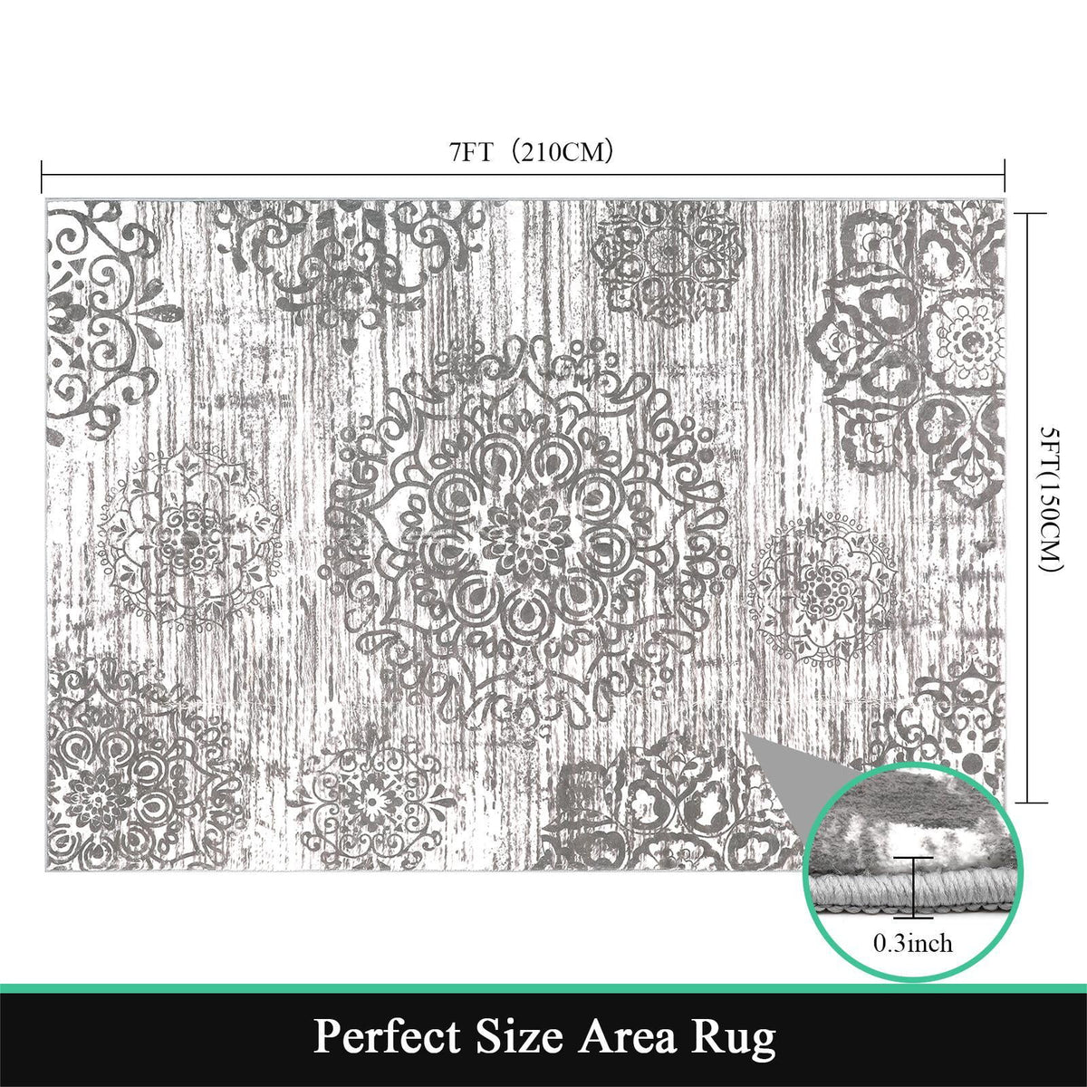 MeyJey Boho Indoor Area Rug Non-Slip Machine Washable Vintage Distressed Floor Carpet for Living Room Bedroom Dining Kitchen Hallway, Light Gray