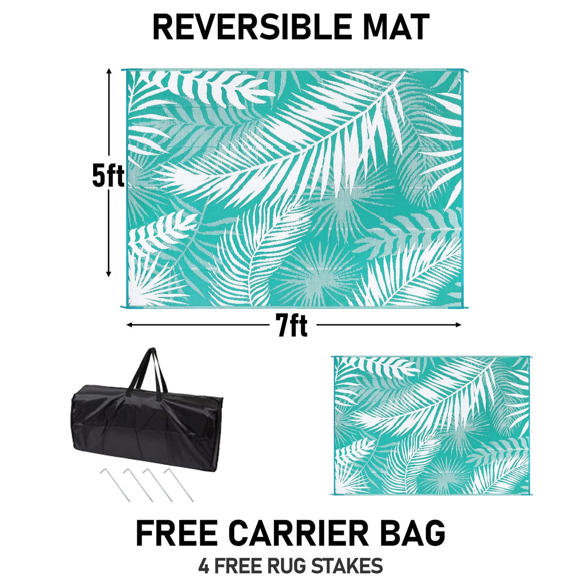 MeyJey Outdoor Rug, Reversible Waterproof Area Rug, Plastic Mat for RV Patio Camping, Teal