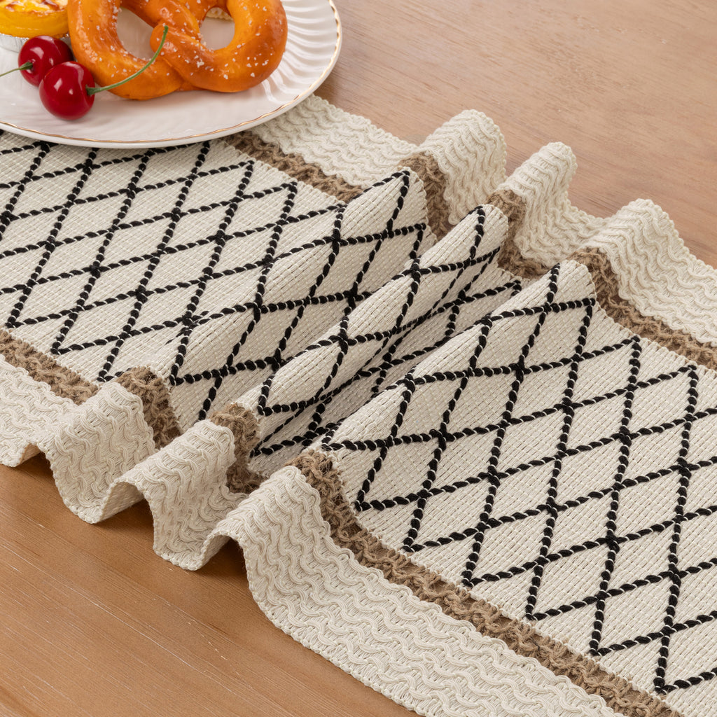 MeyJey 5 Pcs Table Runner and Placemats Set, Washable Fabric Rectangle Dining Table Mats with Tassels for Dining Tables, Kitchen, Black/Beige/Brown