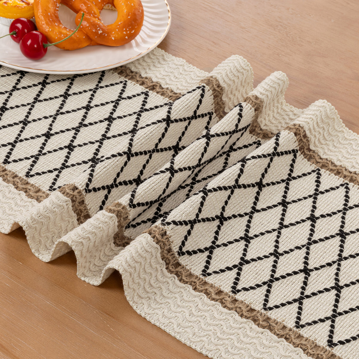 MeyJey 5 Pcs Table Runner and Placemats Set, Washable Fabric Rectangle Dining Table Mats with Tassels for Dining Tables, Kitchen, Black/Beige/Brown