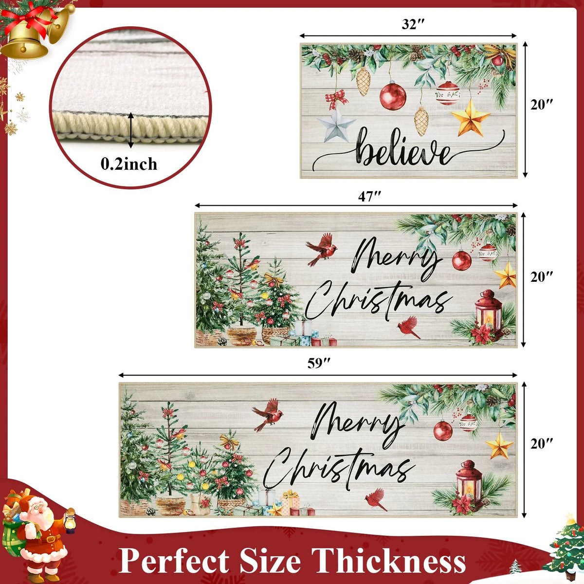 MeyJey Christmas Kitchen Rugs Sets of 3, Non Slip Christmas Rug for Kitchen, Farmhouse Kitchen Mats for Floor Washable Floor Carpet Set for Winter Xmas Holiday Decoration