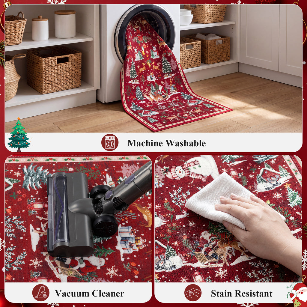MeyJey 2'x6' Christmas Runner Rug for Hallway , Non Slip Machine Washable Rugs Holiday Decoration Floor Carpet for Bedroom Kitchen Living Room, Red/Green/White