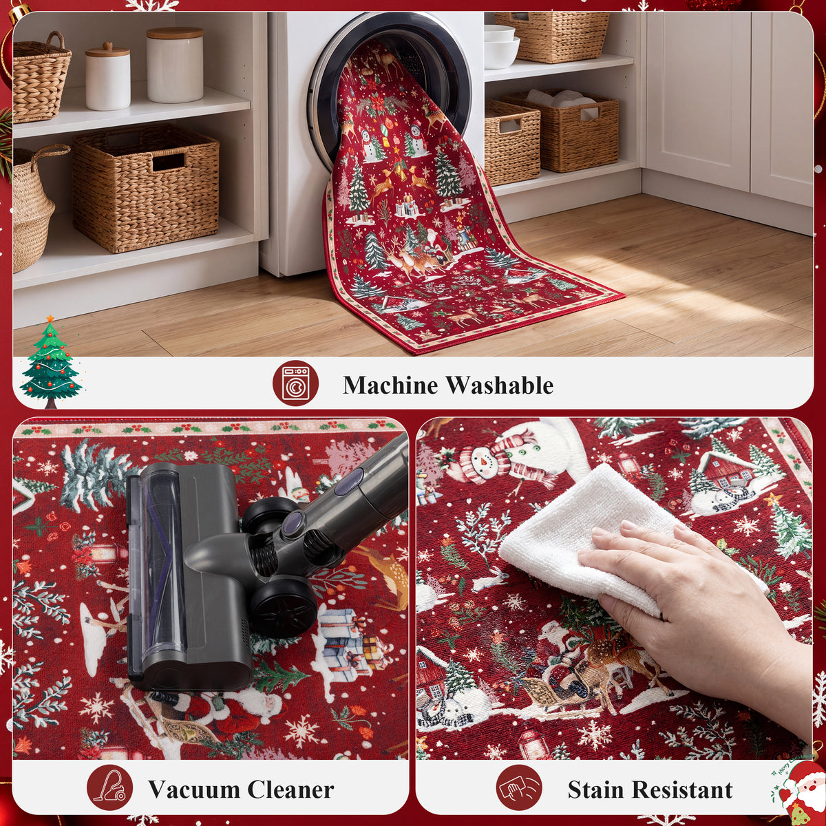 MeyJey 2'x6' Christmas Runner Rug for Hallway , Non Slip Machine Washable Rugs Holiday Decoration Floor Carpet for Bedroom Kitchen Living Room, Red/Green/White