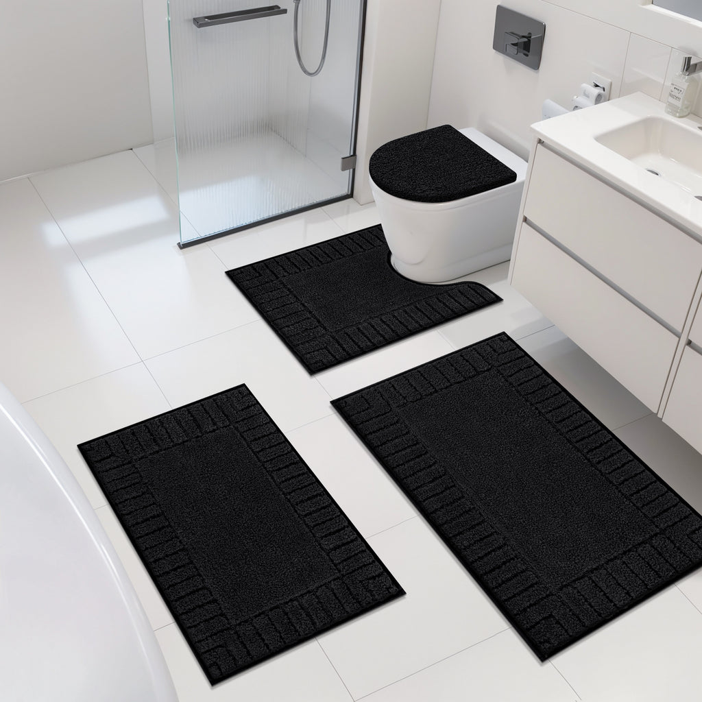 MeyJey Bathroom Rugs Bath Mat Set 4 Pieces , Microfiber Shaggy Bath Set, Non-Slip Machine Washable Bath Mats for Bathroom, Tub, Shower with Contour Mat