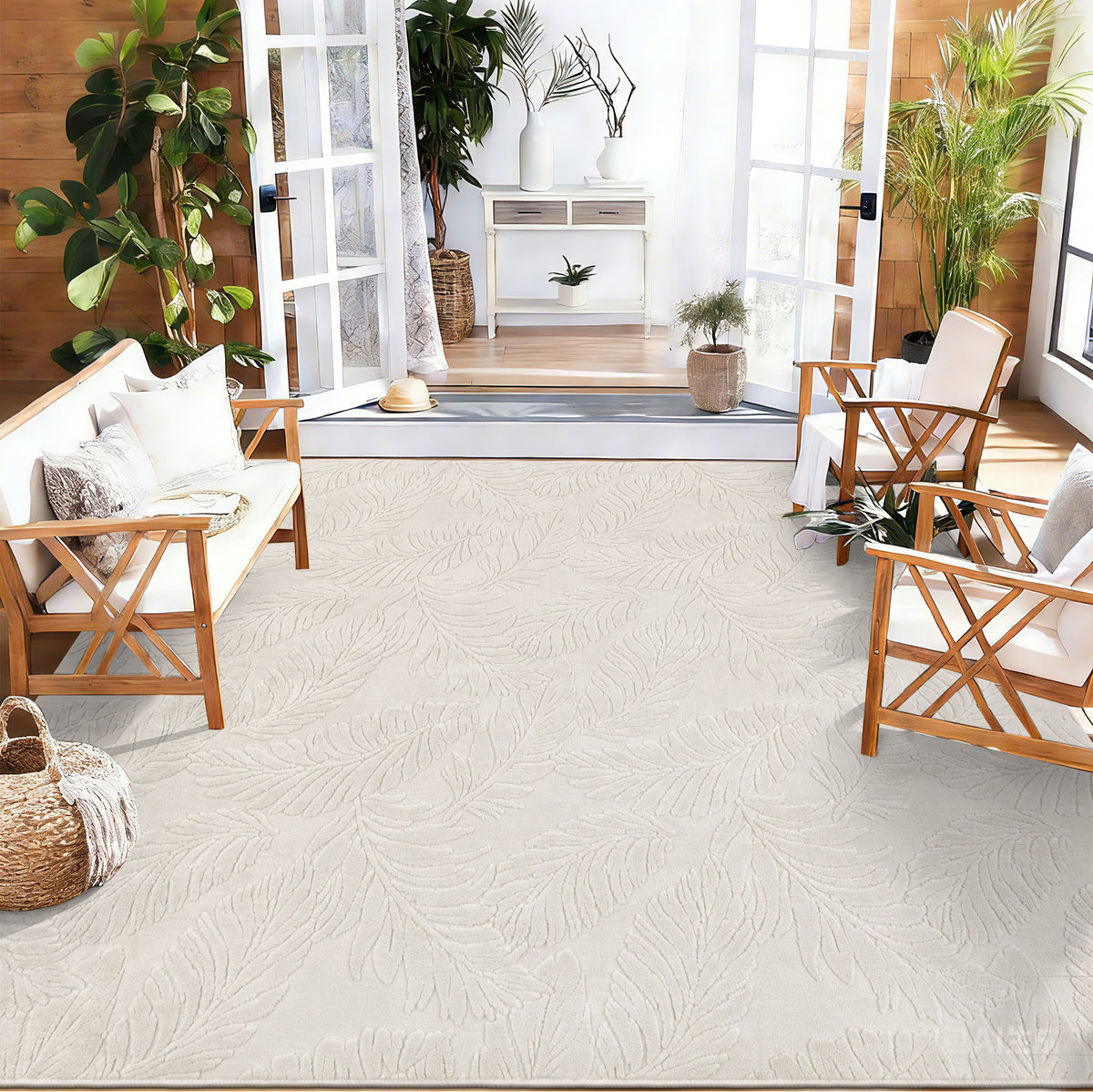 MeyJey Shag Area Rug for Living Machine Washable Rugs for Bedroom Dinning Room Office Decor Non-Slip Soft Carpet, leaf shadow Pattern,Pale Camel