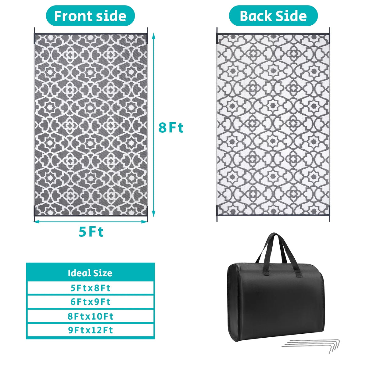 MeyJey Outdoor Rug Reversible Waterproof Oversize Indoor/Outdoor Plastic Mat for RV, Camping, Patio, Gray