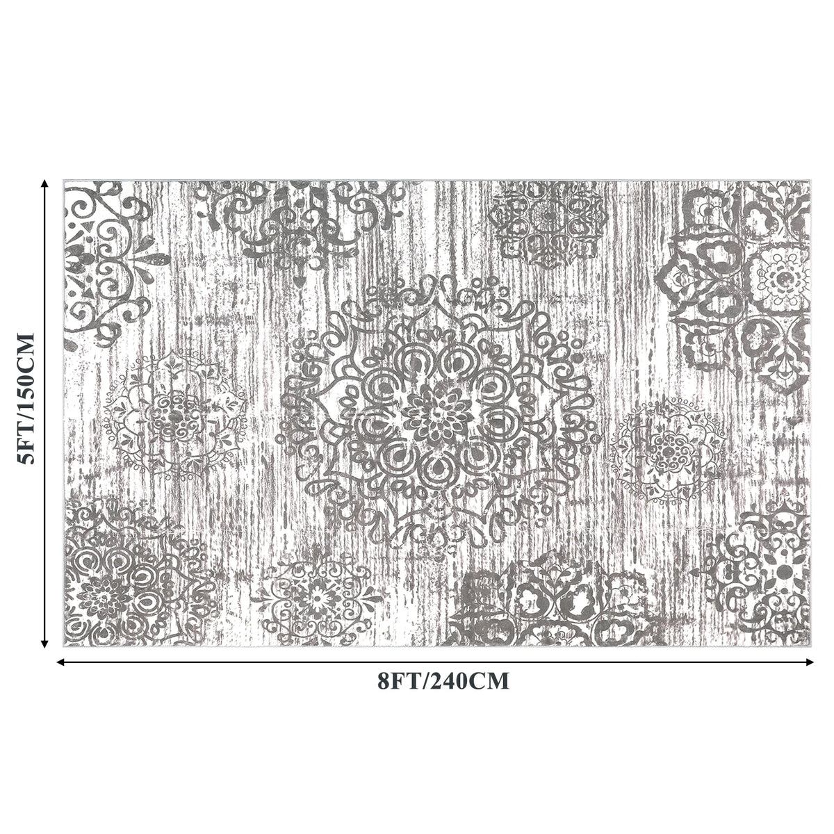 MeyJey Boho Indoor Area Rug Non-Slip Machine Washable Vintage Distressed Floor Carpet for Living Room Bedroom Dining Kitchen Hallway, Light Gray