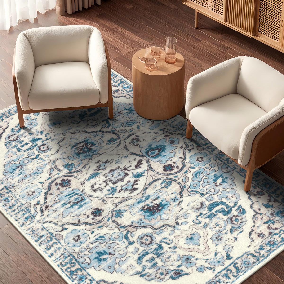 MeyJey Boho Indoor Hallway Runner Rug, Oriental Non Slip Machine Washable Area Rug Distressed Vintage Floor Carpet for Bedroom Kitchen Dinning/Living/Laundry Room, Blue/Beige