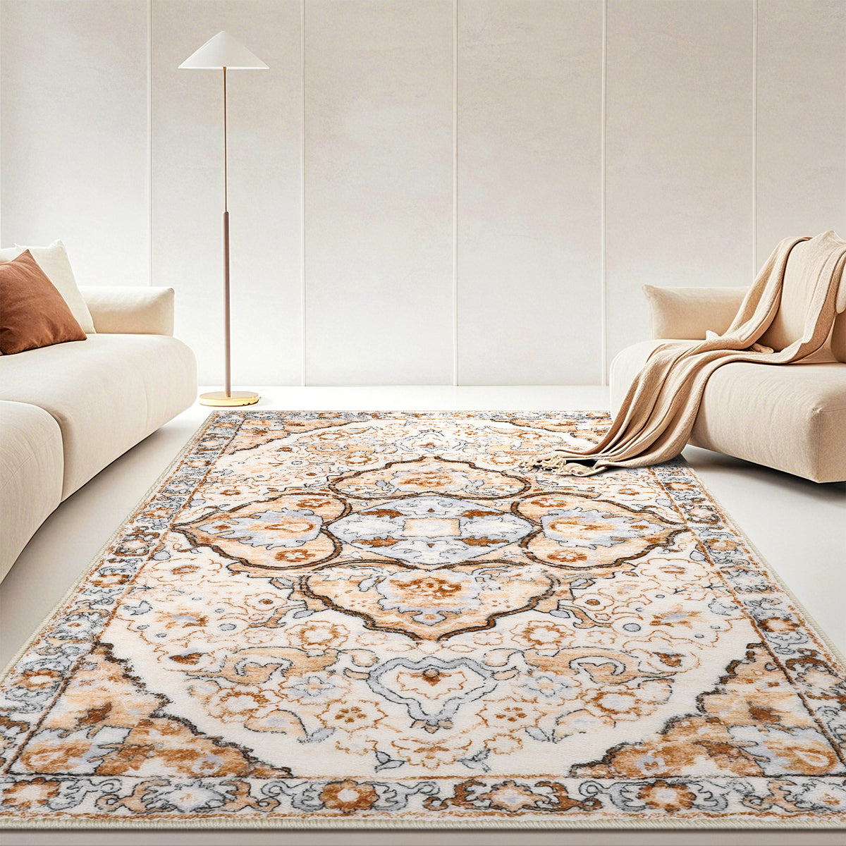 MeyJey Boho Indoor Hallway Runner Rug, Oriental Non Slip Machine Washable Area Rug Distressed Vintage Floor Carpet for Bedroom Kitchen Dinning/Living/Laundry Room, Cream/Orange
