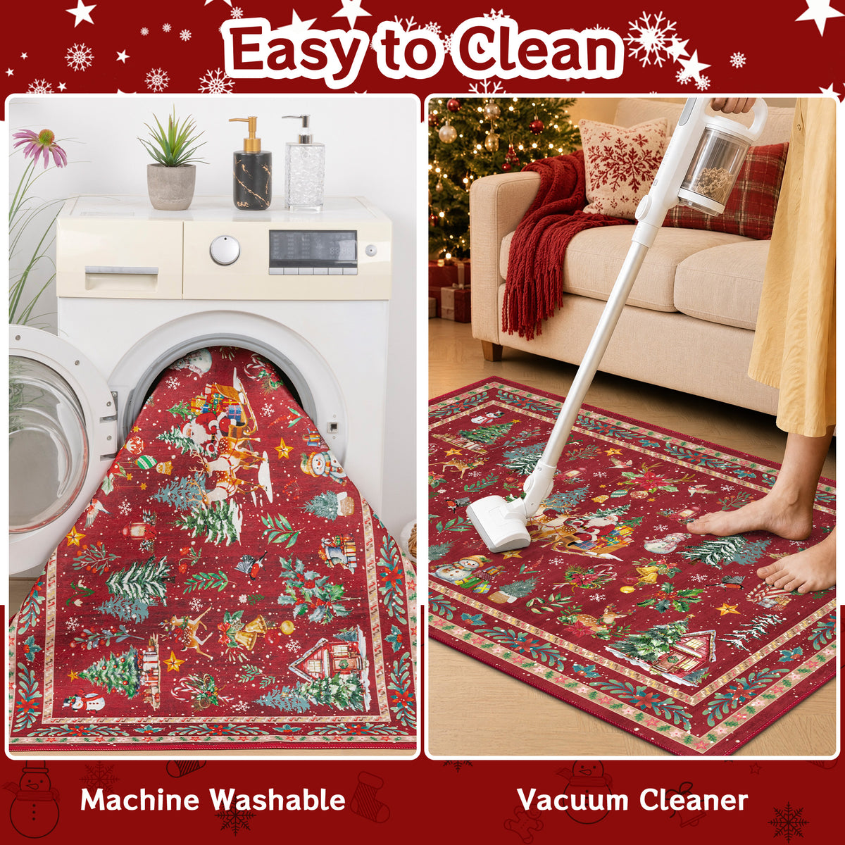 MeyJey 32"x48" Christmas Door Mat, Christmas Snowman Reindeer pattern Doormat, Non Slip Red Front Door Mats for Entryway Indoor Outdoor, Washable Low Profile Floor Carpet for Xmas Holiday Decor