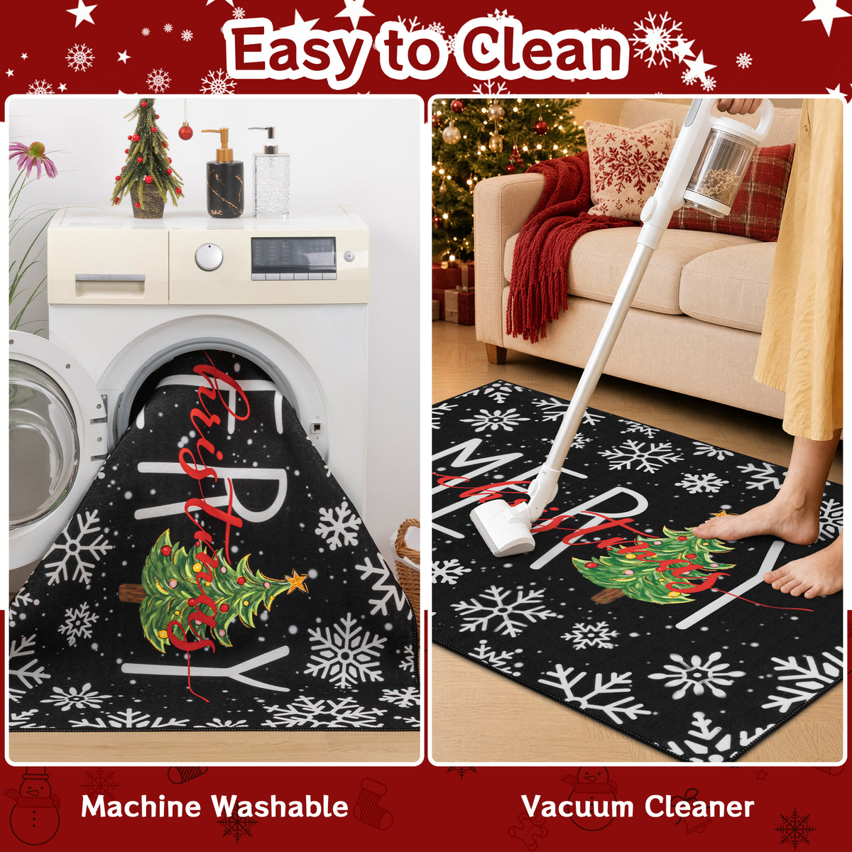 MeyJey 32"x48" Christmas Door Mat, Christmas snowflake pattern Doormat, Non Slip Red Front Door Mats for Entryway Indoor Outdoor, Washable Low Profile Floor Carpet for Xmas Holiday Decor