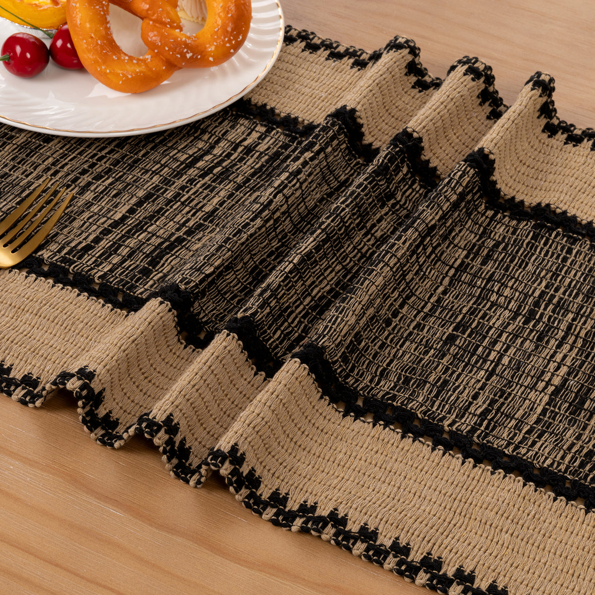 MeyJey 5Pcs Table Runner and Placemats Set, Washable Fabric Rectangle Dining Table Mats with Tassels for Dining Tables, Kitchen, Black/Beige