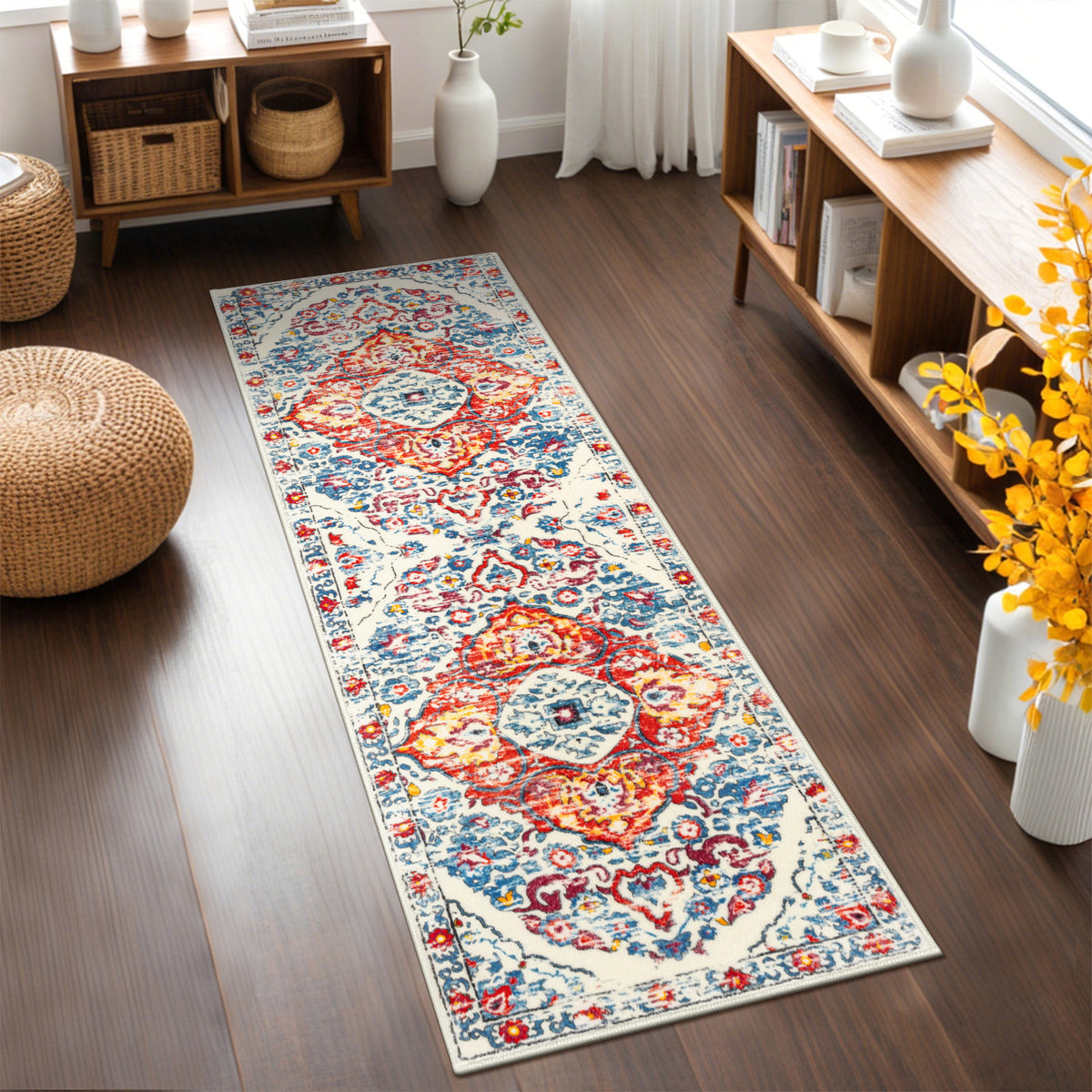 MeyJey Boho Indoor Hallway Runner Rug, Oriental Non Slip Machine Washable Area Rug Distressed Vintage Floor Carpet for Bedroom Kitchen Dinning/Living/Laundry Room, Red/Blue/Beige