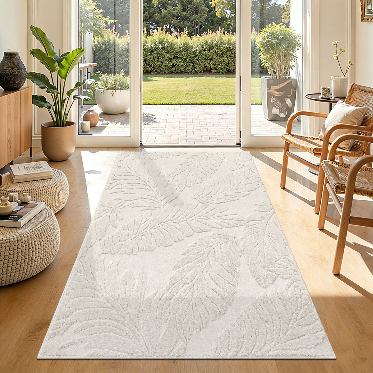MeyJey Shag Area Rug for Living Machine Washable Rugs for Bedroom Dinning Room Office Decor Non-Slip Soft Carpet, leaf shadow Pattern,Pale Camel