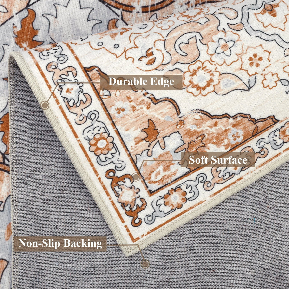 MeyJey Boho Indoor Hallway Runner Rug, Oriental Non Slip Machine Washable Area Rug Distressed Vintage Floor Carpet for Bedroom Kitchen Dinning/Living/Laundry Room, Cream/Orange
